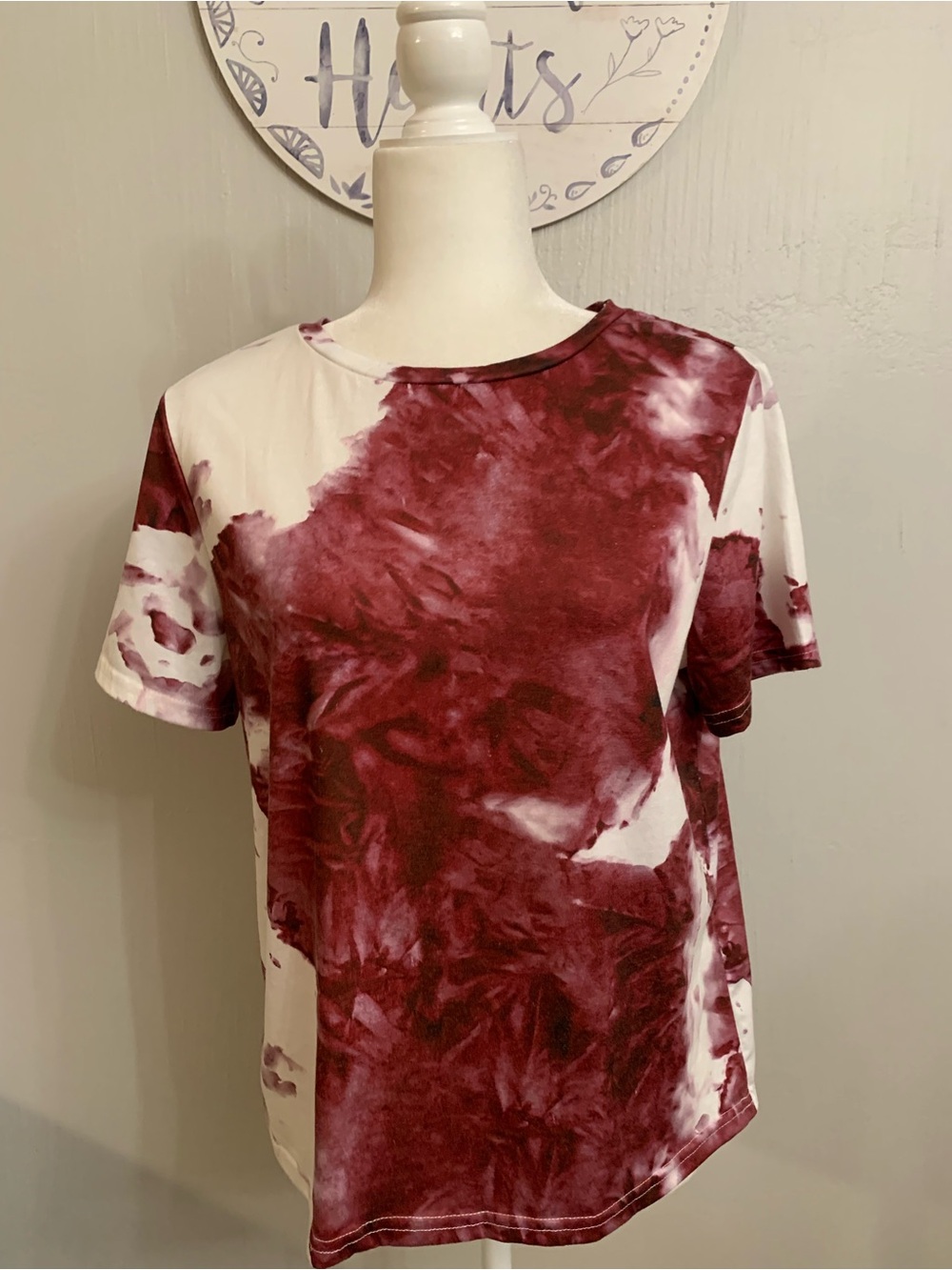 SHEIN Burgundy and White Tie-Dye Short Sleeve Tee